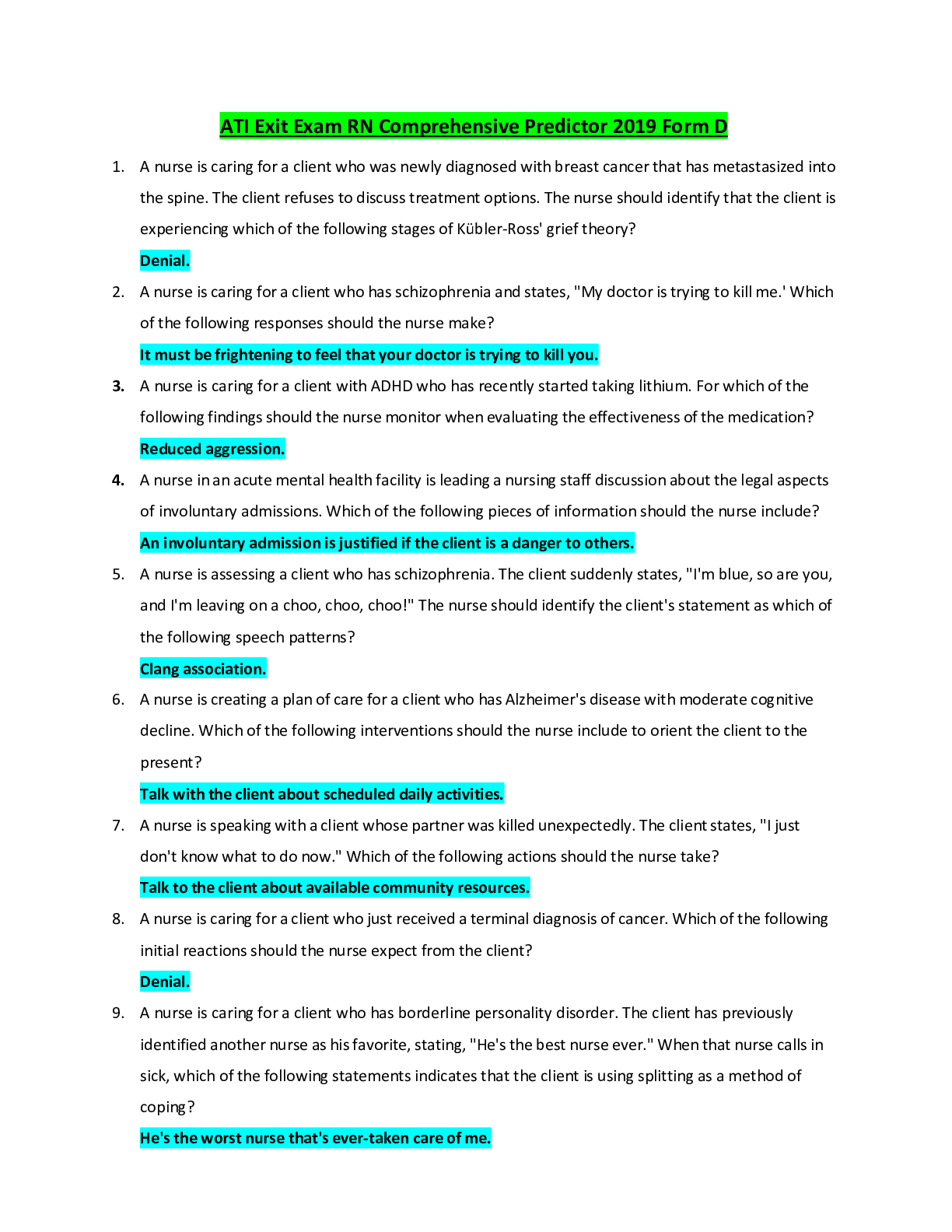 Preview image for Ati Exit Exam RN Comprehensive Predictor 2019 Form D